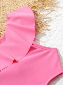 青少女翻邊剪裁單片泳衣配熱帶印花沙灘裙 - 粉色 - 查看 3