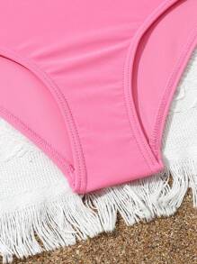 青少女翻邊剪裁單片泳衣配熱帶印花沙灘裙 - 粉色 - 查看 4