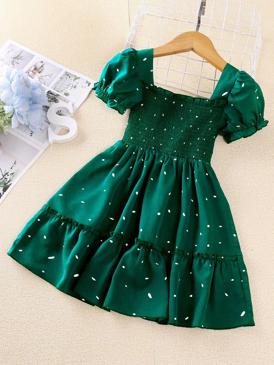 SHEIN Đầm bé gái viền lá sen Viên lá sen Dải chun Tất cả trên in Dễ thương - màu xanh lá - Xem 1