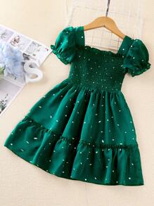 SHEIN Đầm bé gái viền lá sen Viên lá sen Dải chun Tất cả trên in Dễ thương - màu xanh lá - Xem 2