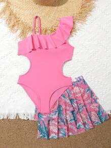 青少女翻邊剪裁單片泳衣配熱帶印花沙灘裙 - 粉色 - 查看 5