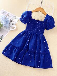 SHEIN Cô Gái Trẻ In ấn Ống tay áo Xù Hoa Sen Đầm - Xanh đậm - Xem 1