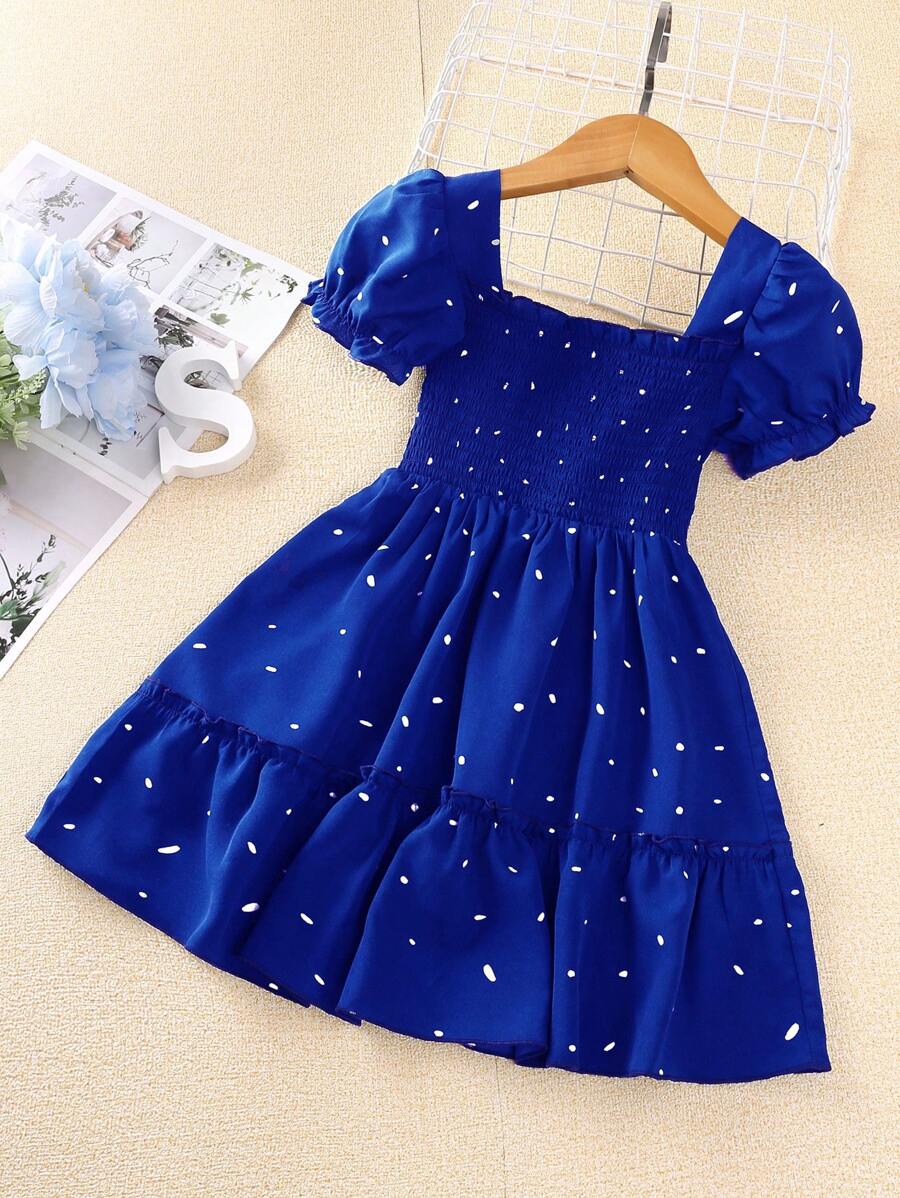 SHEIN Cô Gái Trẻ In ấn Ống tay áo Xù Hoa Sen Đầm - Xanh đậm - Xem 1