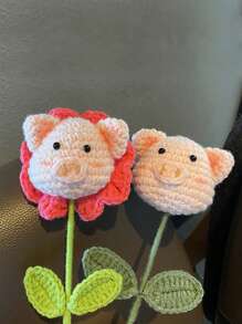 1pc Acrylic Artificial Flower, Cartoon Pig Design Knitted Fake Flower For Gift - Pink - View 1