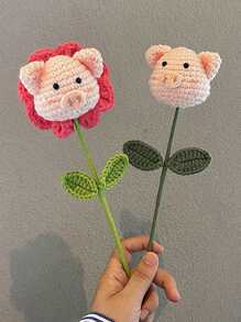 1pc Acrylic Artificial Flower, Cartoon Pig Design Knitted Fake Flower For Gift - Pink - View 2