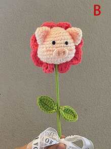 1pc Acrylic Artificial Flower, Cartoon Pig Design Knitted Fake Flower For Gift - Pink - View 3