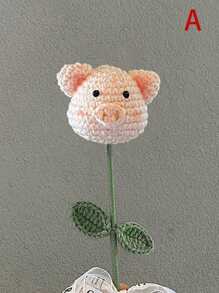 1pc Acrylic Artificial Flower, Cartoon Pig Design Knitted Fake Flower For Gift - Pink - View 4