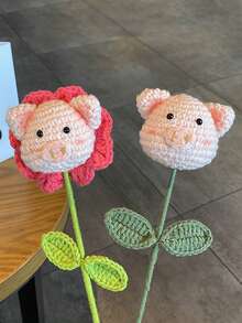 1pc Acrylic Artificial Flower, Cartoon Pig Design Knitted Fake Flower For Gift - Pink - View 5