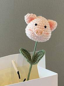 1pc Acrylic Artificial Flower, Cartoon Pig Design Knitted Fake Flower For Gift - Pink - View 6