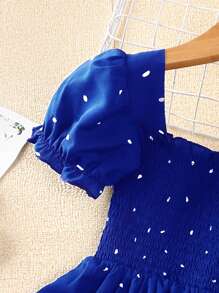 SHEIN Cô Gái Trẻ In ấn Ống tay áo Xù Hoa Sen Đầm - Xanh đậm - Xem 4