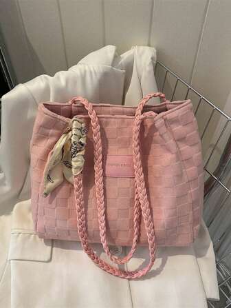 棋盤格壓花單肩托特包圍巾和字母貼飾雙把手滌綸