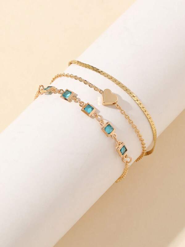 3pcs/set Fashion Stainless Steel Cubic Zirconia & Heart Decor Bracelet For Women For Daily Decoration