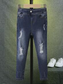 SHEIN 小男童破洞抽鬚漂白水洗牛仔褲 - 深色水洗藍 - 查看 1