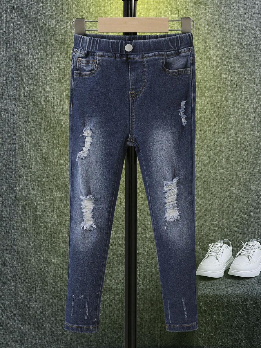 SHEIN 小男童破洞抽鬚漂白水洗牛仔褲 - 深色水洗藍 - 查看 1