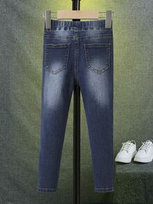 SHEIN 小男童破洞抽鬚漂白水洗牛仔褲 - 深色水洗藍 - 查看 2