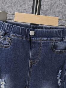 SHEIN 小男童破洞抽鬚漂白水洗牛仔褲 - 深色水洗藍 - 查看 5