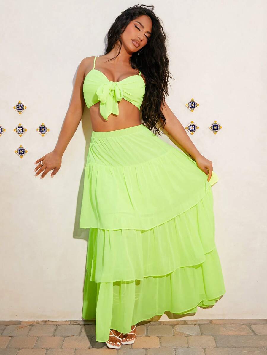 SHEIN SXY Tie Front Cami Top & Layered Ruffle Hem Skirt - Lime Green - View 1