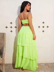 SHEIN SXY Tie Front Cami Top & Layered Ruffle Hem Skirt - Lime Green - View 2