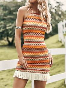 Soleia V形印花流蘇裙,春季音樂會緊身連身裙 - 彩色 - 查看 5