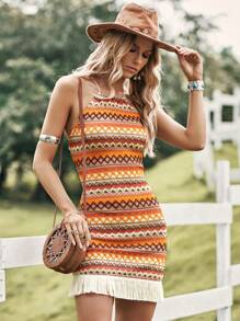 Soleia V形印花流蘇裙,春季音樂會緊身連身裙 - 彩色 - 查看 6