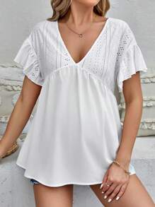 SHEIN 孕婦網眼刺繡荷葉邊下擺襯衫 - 白色 - 查看 4