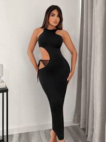 SHEIN SXY 腰部鏤空緊身連衣裙 - 黑色 - 查看 1