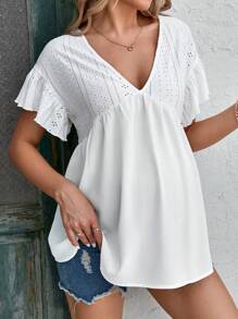 SHEIN 孕婦網眼刺繡荷葉邊下擺襯衫 - 白色 - 查看 5