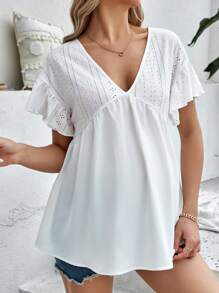 SHEIN 孕婦網眼刺繡荷葉邊下擺襯衫 - 白色 - 查看 1