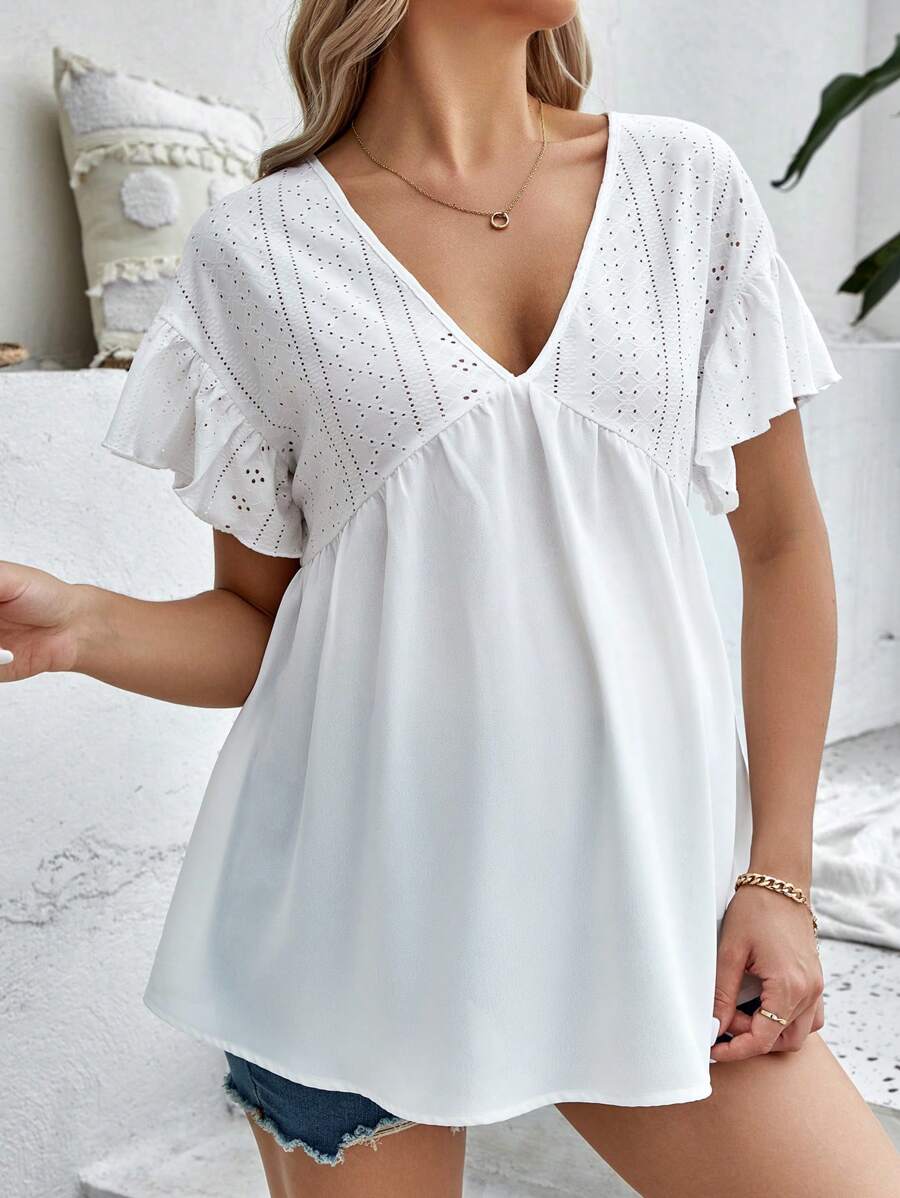 SHEIN 孕婦網眼刺繡荷葉邊下擺襯衫 - 白色 - 查看 1