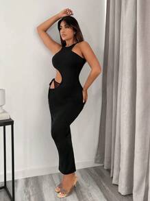 SHEIN SXY 腰部鏤空緊身連衣裙 - 黑色 - 查看 5