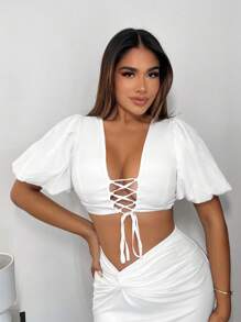 SHEIN SXY Lace Up Front Puff Sleeve Crop Top - White - View 1