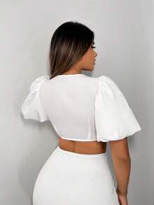 SHEIN SXY Lace Up Front Puff Sleeve Crop Top - White - View 2