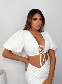 SHEIN SXY Lace Up Front Puff Sleeve Crop Top - White - View 3