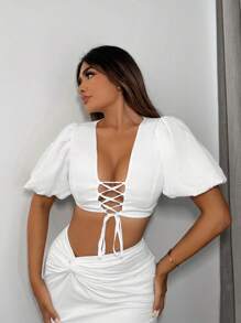 SHEIN SXY Lace Up Front Puff Sleeve Crop Top - White - View 4