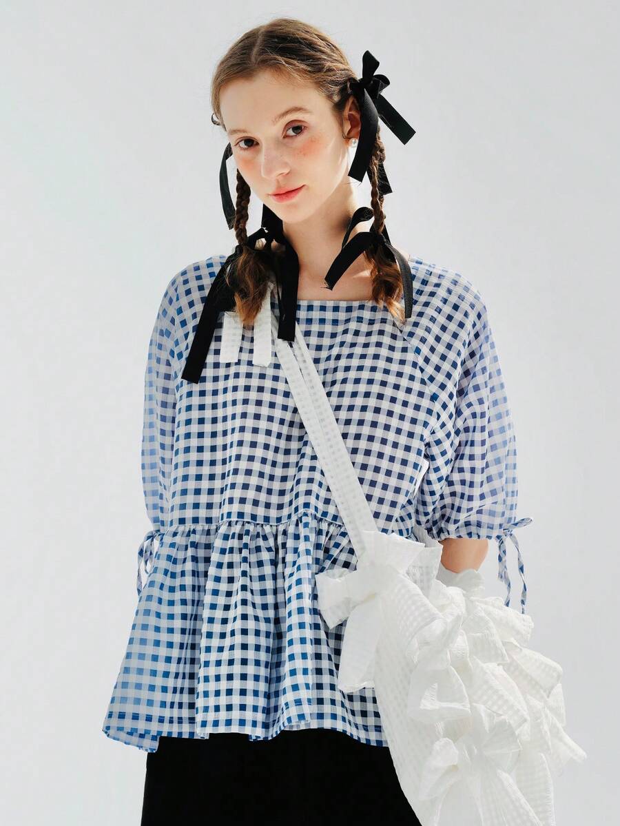Gingham Print Knot Cuff Peplum Blouse - Blue and White - View 1