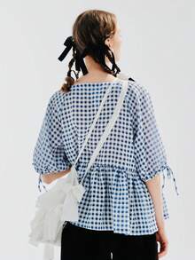 Gingham Print Knot Cuff Peplum Blouse - Blue and White - View 2