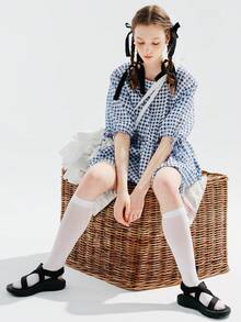 Gingham Print Knot Cuff Peplum Blouse - Blue and White - View 3