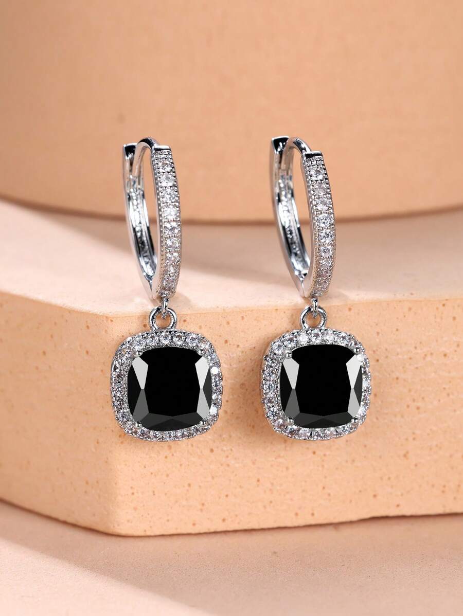1pair Glamorous Rhinestone Square Drop Earrings For Women For Dating Gift - Black - View 1