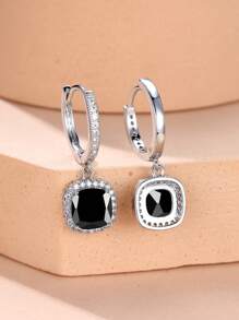 1pair Glamorous Rhinestone Square Drop Earrings For Women For Dating Gift - Black - View 2