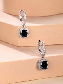 1pair Glamorous Rhinestone Square Drop Earrings For Women For Dating Gift - Black - View 3