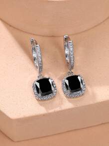 1pair Glamorous Rhinestone Square Drop Earrings For Women For Dating Gift - Black - View 4