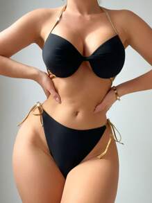 夏季撞色系带吊带聚拢比基尼套装 - 黑色 - 查看 8