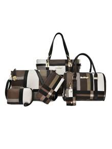 經典時尚6入組手提袋斜跨背包小提包手拿包錢包方格紋PU，最適合女性的工作包，適合商務、戶外、旅行，送給媽媽的最佳禮物