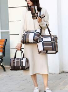 經典時尚6入組手提袋斜跨背包小提包手拿包錢包方格紋PU，最適合女性的工作包，適合商務、戶外、旅行，送給媽媽的最佳禮物