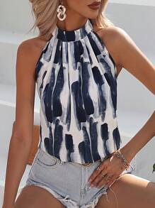 Breezaya 筆刷圖案後鎖孔繞頸襯衫 - 藏蓝色 - 查看 3