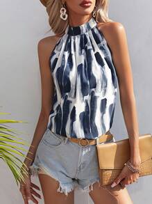 Breezaya 筆刷圖案後鎖孔繞頸襯衫 - 藏蓝色 - 查看 6