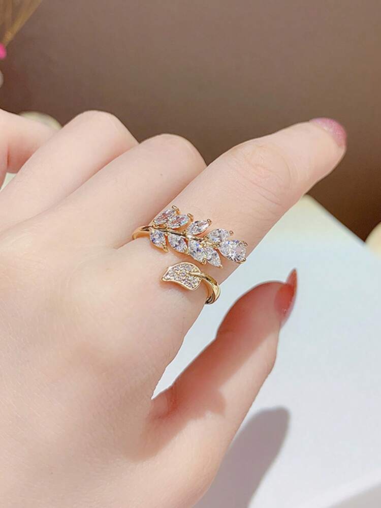 1pc Glamorous Cubic Zirconia Decor Leaf Design Wrap Ring For Women For Gift