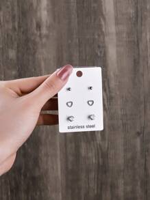 3對/套時尚不銹鋼心和水鑽耳釘適合女士適用於日常穿著 - 銀色 - 查看 1