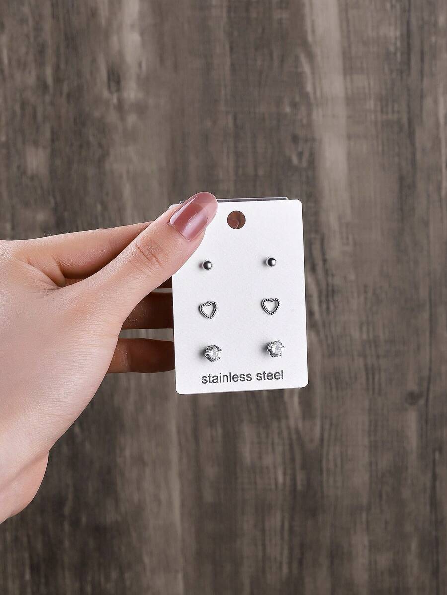 3對/套時尚不銹鋼心和水鑽耳釘適合女士適用於日常穿著 - 銀色 - 查看 1