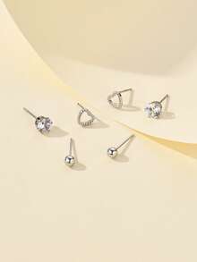 3對/套時尚不銹鋼心和水鑽耳釘適合女士適用於日常穿著 - 銀色 - 查看 2